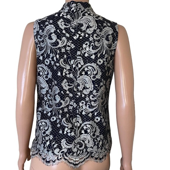 Talbots Sleeveless Black Silver/White Lace Floral Lined Formal Top SZ 4 zip up - Picture 3 of 10